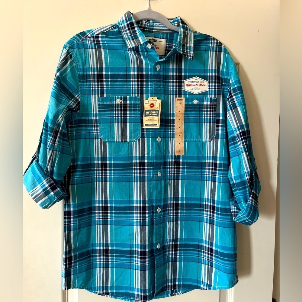 NWT Men's Urban Pipeline Turquoise Plaid Shirt Size Medium
